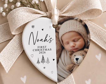 Personalised Baby's 1st Christmas Bauble | Ceramic Heart Photo | First Christmas Decoration, Baby Ornament,