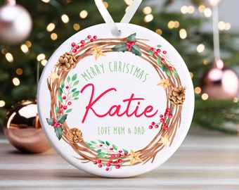 Personalised Christmas Ornament | Custom Christmas Bauble, Personalised Christmas Decoration | Name and Message | Bauble Gift, Colour Wreath