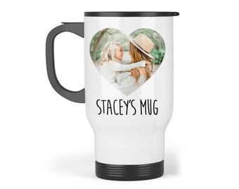 Personalised Travel Mug - Heart Photo & Message, Custom Photo Travel Mug, Personalised Travel Cup, Message Travel Mug, Thermal Travel Mug