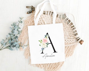 Personalised Tote Bag | Floral Initial, Add Any Name | Initials Tote Bag, Custom Tote Bag, Personalised Shopping Bag | Gift For Her