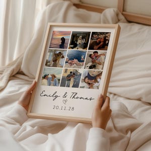 May include: A collage of photos in a white frame with a wooden border. The photos show a couple in various locations, including a beach, a boat, and a city. The text "Emily & Thomas" and the date "20.11.28" are printed below the photos.