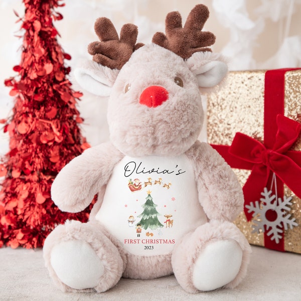 Personalised Christmas Teddy | Babys 1st Christmas Teddy | Personalised Reindeer | 1st Christmas Gift, First Christmas Teddy - Watercolour
