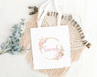 Personalised Tote Bag | Floral Wreath, Add Any Name | Initials Tote Bag, Custom Tote Bag, Personalised Shopping Bag | Gift For Her