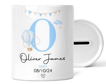 Personalised Newborn Money Box | Personalised New Baby Gift, Newborn Gift, New Baby Keepsake | Gift for New Baby, Blue Hot Air Balloon