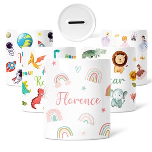 Personalised Money Box | Custom Ceramic Money Pot | Personalized Kids Keepsake | Safari, Rainbow, Princesses, Space, Dinosaurs