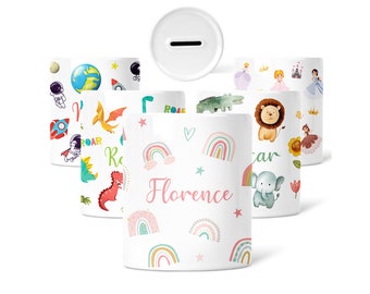 Personalised Money Box | Custom Ceramic Money Pot | Personalized Kids Keepsake | Safari, Rainbow, Princesses, Space, Dinosaurs