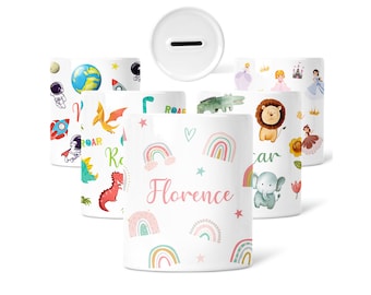 Personalised Money Box | Custom Ceramic Money Pot | Personalized Kids Keepsake | Safari, Rainbow, Princesses, Space, Dinosaurs