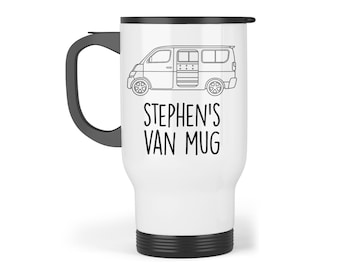 Tazza da viaggio personalizzata per furgone - Tazza da viaggio personalizzata per furgone Transit / Aggiungi un nome / Regalo personalizzato per furgone da campeggio, tazza per camper, regalo per roulotte