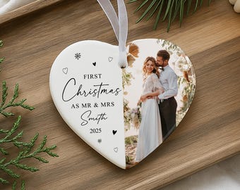 Personalised 1st Christmas Married Bauble | Photo Heart Ceramic | First Christmas as Mr & Mrs Ornament
