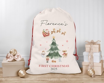 Saco de Navidad para bebé, saco de Navidad personalizado / Calcetín navideño personalizado / Acuarela / Sacos de Papá Noel para la primera Navidad del bebé