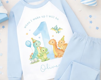 Personalised 1st Birthday Pyjamas, First Bib | When I Wake Up I Will Be 1, Boys 1st Birthday Pyjamas, Dinosaur PJ's