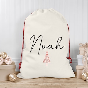 パーソナライズされたクリスマスサック | カスタムクリスマスストッキング - 手書きのクリスマスツリー | 子供用カスタムクリスマスサック、子供用サンタサック