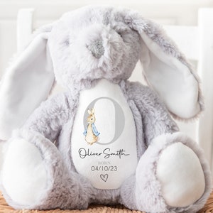 Personalised Teddy, Custom Newborn Teddy | Grey Bunny Rabbit, Baby Announcement Teddy Bear, Personalised Newborn Gift Ornament, Grey Initial