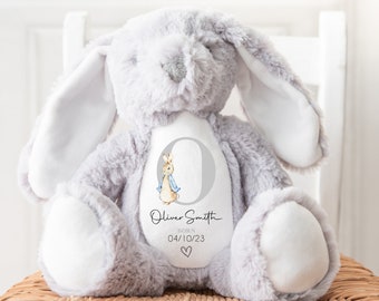 Gepersonaliseerde teddy, aangepaste pasgeboren teddy | Grijs konijn, babyaankondiging teddybeer, gepersonaliseerde pasgeboren cadeauornament, grijze initiële