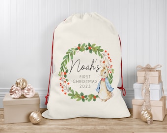 Baby's First Christmas Sack, Personalised Christmas Sack | Custom Christmas Stocking | Bunny Wreath | Baby's 1st Christmas Santa Sacks