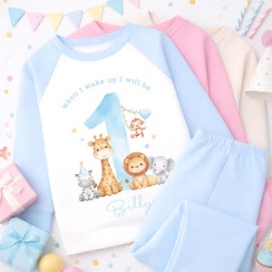 May include: A light blue and white pajama set with a safari animal graphic and the text "when I wake up I will be 1". The set includes a long-sleeved top and pants. Other pastel-colored pajamas and party decorations are in the background.