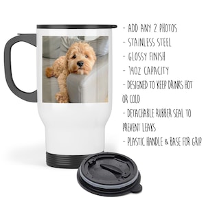 K&ouml;nnte beinhalten: Wei&szlig;er Reisebecher mit schwarzem Griff und Boden, mit einem Foto eines goldbraunen Hundes. Der Becher hat eine gl&auml;nzende Oberfl&auml;che und ein Fassungsverm&ouml;gen von 414 ml. Der Text weist darauf hin, dass er Getr&auml;nke hei&szlig; oder kalt h&auml;lt.