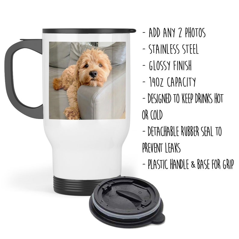 K&ouml;nnte beinhalten: Wei&szlig;er Reisebecher mit schwarzem Griff und Boden, mit einem Foto eines goldbraunen Hundes. Der Becher hat eine gl&auml;nzende Oberfl&auml;che und ein Fassungsverm&ouml;gen von 414 ml. Der Text weist darauf hin, dass er Getr&auml;nke hei&szlig; oder kalt h&auml;lt.