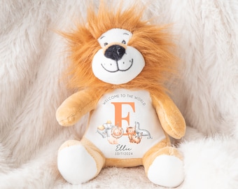Osito de peluche personalizado, osito de peluche personalizado para recién nacidos, osito de peluche con mensaje de bienvenida al mundo, osito de peluche con mensaje de anuncio de bebé, regalo personalizado para recién nacidos, león personalizado