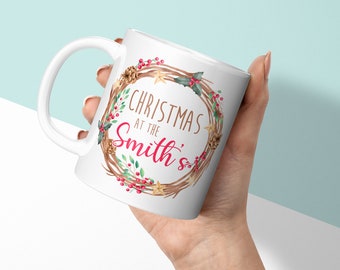 Personalised Christmas Mug - Christmas At The - Christmas Wreath - Custom Mug & Coaster