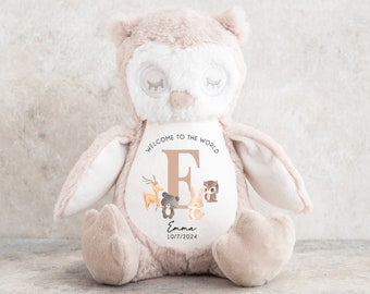 Osito de peluche personalizado, osito de peluche personalizado para recién nacidos, osito de peluche con mensaje de bienvenida al mundo, osito de peluche con mensaje de anuncio de bebé, regalo personalizado para recién nacidos, búho personalizado