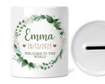 Personalised Children's Money Box | Custom Newborn Gift | Wreath Add A Name & Date | Welcome to The World | Custom New Baby Keepsake Gift