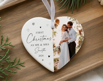 Personalised 1st Christmas Married Bauble | Photo Heart Ceramic | First Christmas as Mr & Mrs Ornament