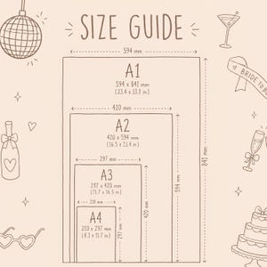 May include: A size guide chart with dimensions in inches and millimeters. The chart includes A1 (23.4 x 33.1 in), A2 (16.5 x 23.4 in), A3 (11.7 x 16.5 in), and A4 (8.3 x 11.7 in) paper sizes. Decorative elements include a disco ball, champagne bottle, and a martini glass.