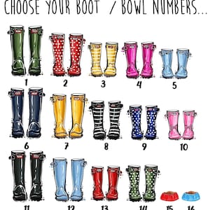 May include: A chart with 16 different pairs of rain boots and two dog bowls. The boots are numbered 1 through 16. The bowls are numbered 15 and 16. The boots are in various colors and patterns, including green, red, yellow, blue, pink, black, and white.