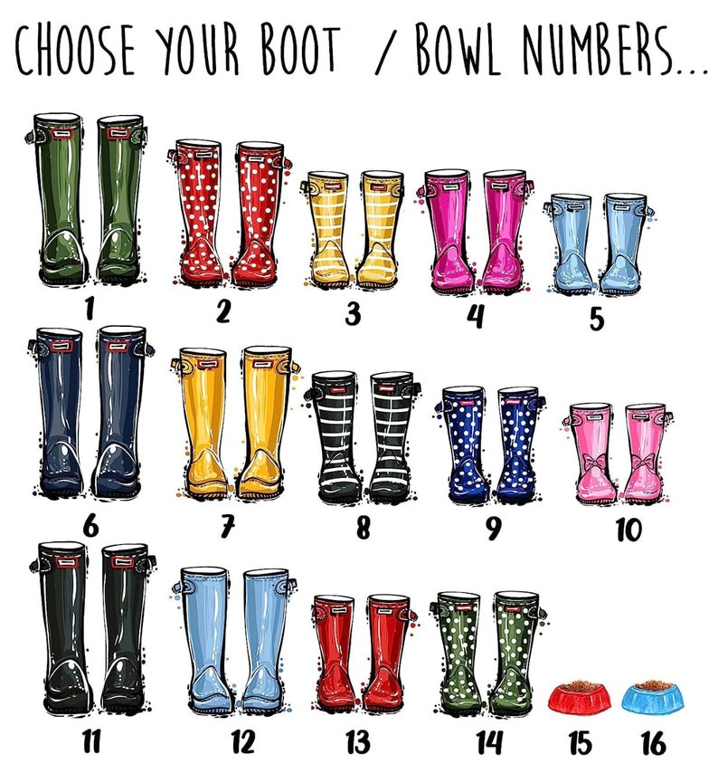 May include: A chart with 16 different pairs of rain boots and two dog bowls. The boots are numbered 1 through 16. The bowls are numbered 15 and 16. The boots are in various colors and patterns, including green, red, yellow, blue, pink, black, and white.