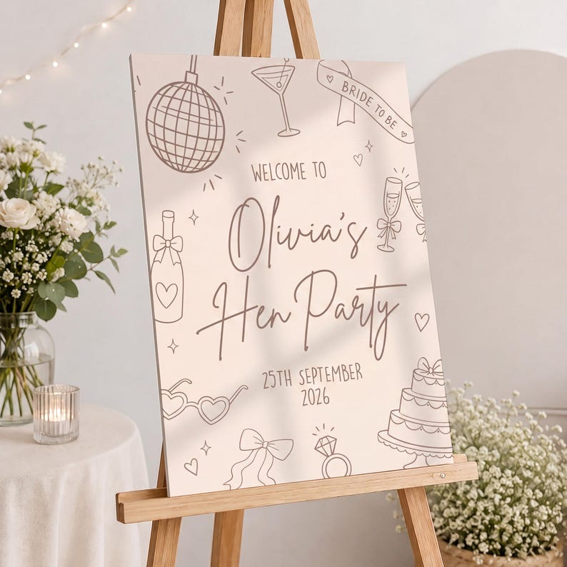 May include: A light beige sign on a wooden easel, featuring the text "Welcome to Olivia's Hen Party" and the date "25th September 2026." The sign is decorated with line drawings of a disco ball, champagne glasses, and a cake.