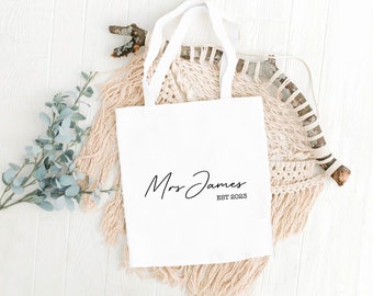 Personalised Bridal Tote Bag | Handwritten Surname EST | Custom Bridal Bag | Bride to Be Gift | Bridal Gift, Hen Do Bag, Bridal Shower Gift