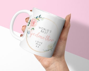 Taza personalizada - Regalo personalizado de madrina - Worlds Best Godmother - Taza y posavasos personalizados