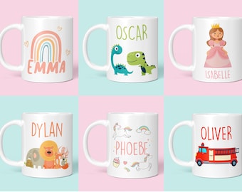 Taza infantil irrompible personalizada - Añade tu nombre - Elige tu diseño - Taza de plástico polimérico - Arcoíris, Dinosaurio, Princesa, Camión de bomberos