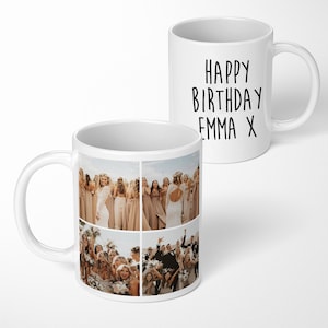 Può includere: Tazza in ceramica bianca con un collage di foto di un gruppo di persone ad un matrimonio. La tazza ha il testo "Happy Birthday Emma X" stampato sul lato.