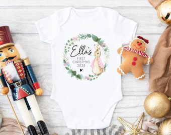 Personalised Babys 1st Christmas Baby Grow | First Christmas Bib | Custom First Christmas, 1st Christmas Romper Suit - Pink Floral