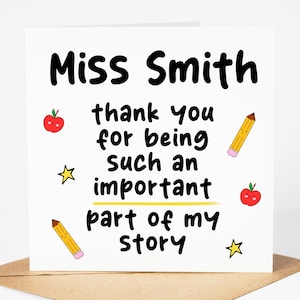 Cartão personalizado do professor - obrigado Cartão | Cartão de agradecimento personalizado para professor, cartão de fim de aula - parte importante da minha história