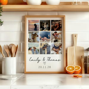 May include: A framed collage of nine photographs featuring a couple in various settings. The photographs are arranged in a 3x3 grid. The frame is brown wood and the mount is white. The couple's names, "Emily & Thomas", and the date "20.11.28" are printed below the photographs.