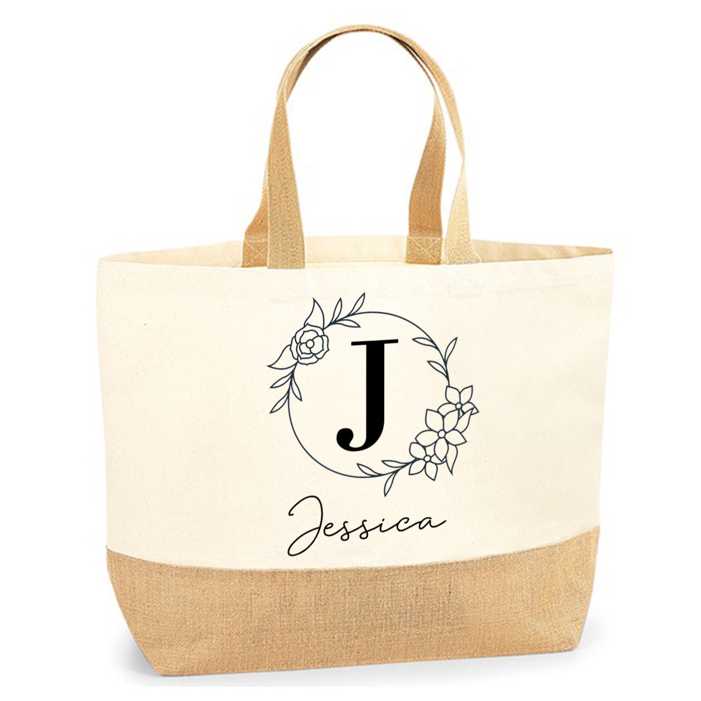 Personalised Jute Canvas Tote Bag | Floral | Add A Name, Choose a