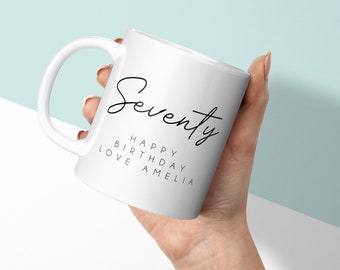 Taza personalizada - Regalo de cumpleaños número 70 - Setenta y mensaje - Taza y posavasos personalizados
