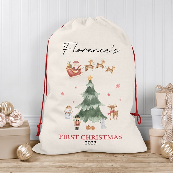 Baby's First Christmas Sack, Personalised Christmas Sack | Custom Christmas Stocking | Watercolour | Baby's 1st Christmas Santa Sacks