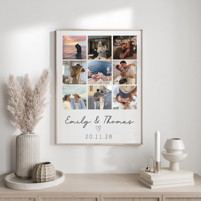 May include: A collage of nine photos of a couple, with the names "Emily & Thomas" and the date "20.11.28" printed below the photos.