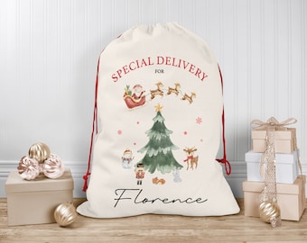 Personalised Christmas Sack | Custom Christmas Stocking - Watercolour Christmas | Custom Christmas Sack For Kids, Children's Christmas Sack