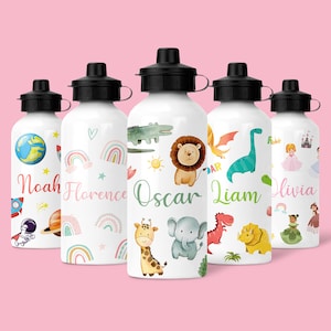 Personalised Kids Water Bottle | Custom Childrens Bottle | Personalized School Bottle | Safari, Rainbow, Princesses, Space, Dinosaurs
