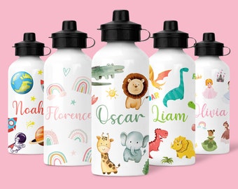 Personalised Kids Water Bottle | Custom Childrens Bottle | Personalized School Bottle | Safari, Rainbow, Princesses, Space, Dinosaurs