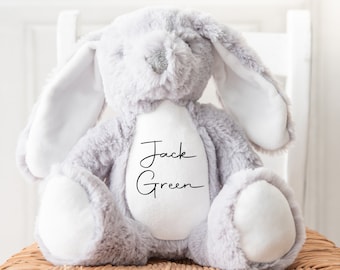 Personalised Teddy, Custom Newborn Teddy | Grey Bunny Rabbit, Name Reveal, Birthday Teddy, Personalised Newborn Gift Ornament, Handwritten