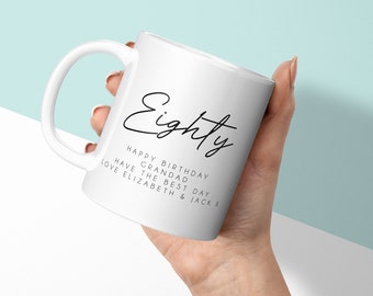 Taza personalizada - Regalo de cumpleaños número 80 - Ochenta y mensaje - Taza y posavasos personalizados