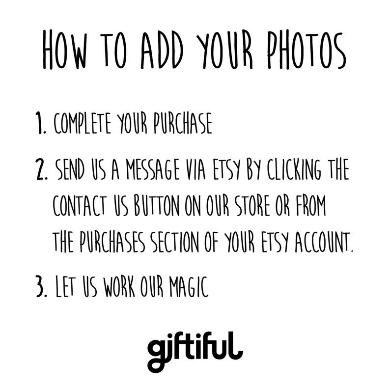 May include: White background with black text that reads "HOW TO ADD YOUR PHOTOS." Instructions include completing a purchase, sending a message via Etsy, and letting the seller work their magic. The logo for "giftiful" is at the bottom.