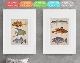 Fish Art Print Set of 2 Cozy Vintage Fish Wall Art Decor Prints of Vintage Fish Wall Art Gift For Home Decor Fish Poster Gift Set of Two