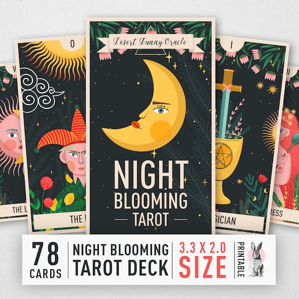 Cartas de Tarot de tamaño mediano imprimibles / Baraja de Tarot de 78 cartas de alta resolución / Descarga instantánea de Pdf / Cartas de oráculo de Tarot de floración nocturna / Mayores y menores